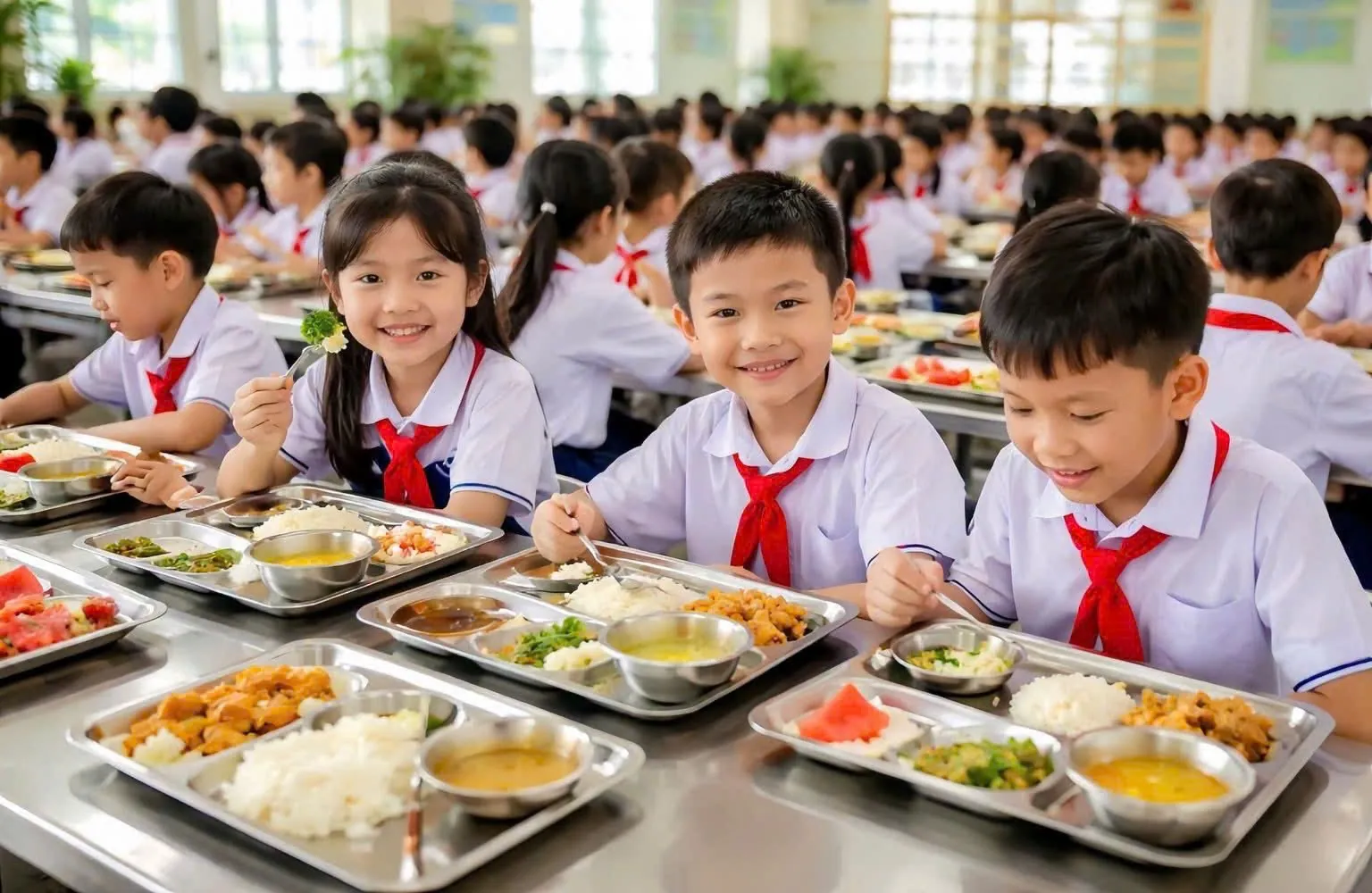 Học sinh thưởng thức bữa ăn bán trú của Quang Anh Chu